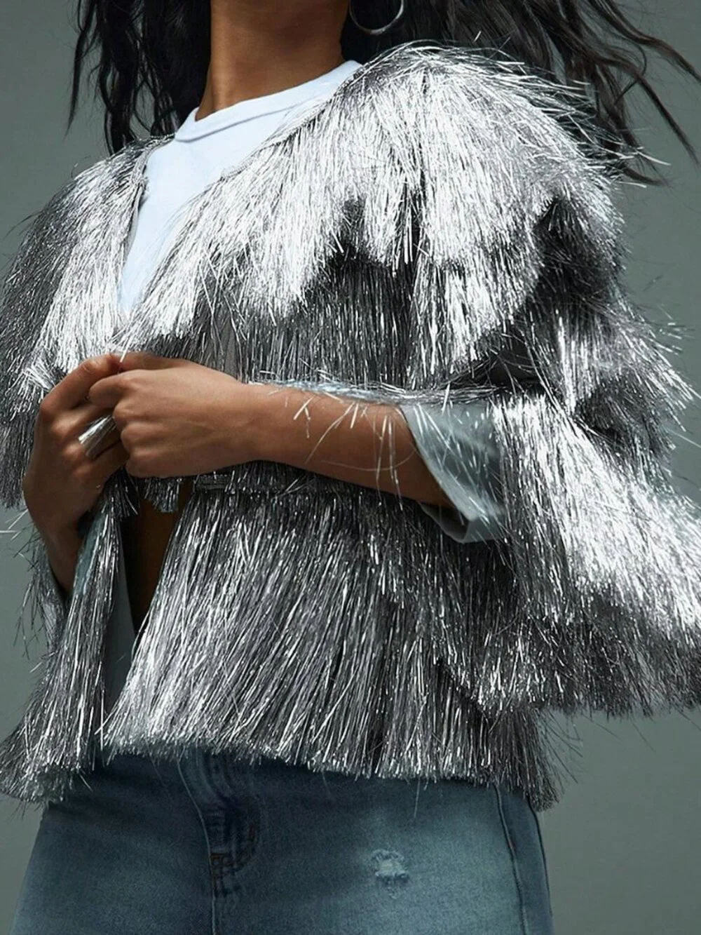 Silver Elegant Women's Night Out Party Shiny Fringe Layered Long Sleeves Jacket - Picture 5 of 5